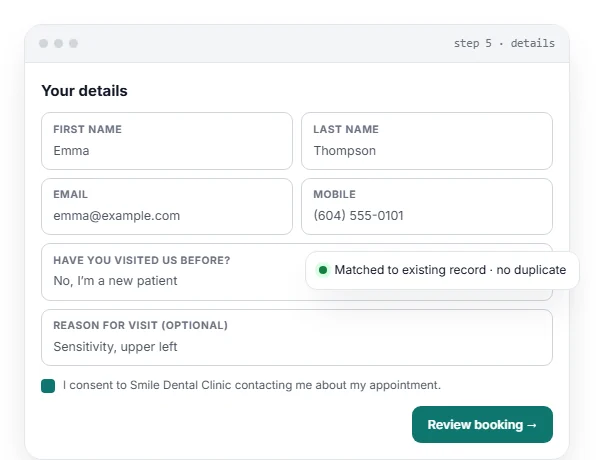 Online booking details step matching an existing patient record