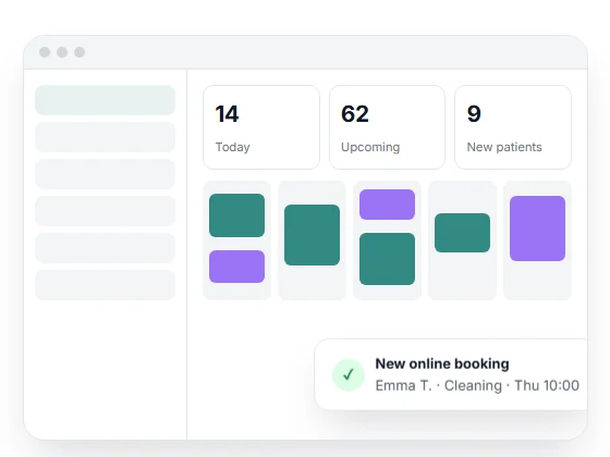 Dental clinic dashboard showing today's appointments, upcoming visits and new online booking