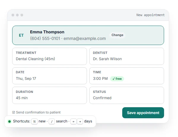 New appointment form with patient, treatment, dentist, date and time