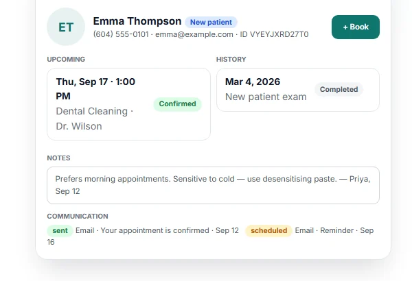 Dental patient management system patient record with upcoming visit, history, notes and communication log